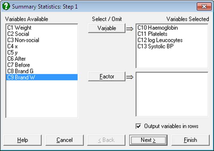 Unistat Statistics Software | Variable Selection Dialogue